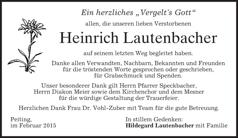  Traueranzeige für Heinrich Lautenbacher vom 14.02.2015 aus merkurtz