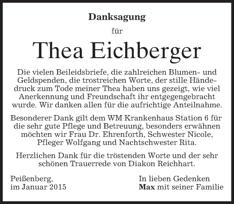  Traueranzeige für Thea Eichberger vom 24.01.2015 aus merkurtz