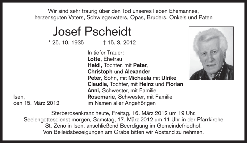  Traueranzeige für Josef Pscheidt vom 16.03.2012 aus MERKUR & TZ