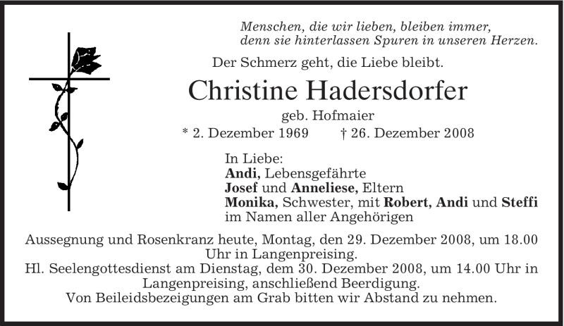  Traueranzeige für Christine Hadersdorfer vom 29.12.2008 aus MERKUR & TZ