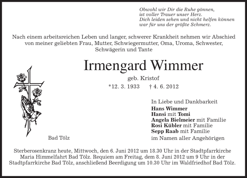  Traueranzeige für Irmengard Wimmer vom 06.06.2012 aus MERKUR & TZ