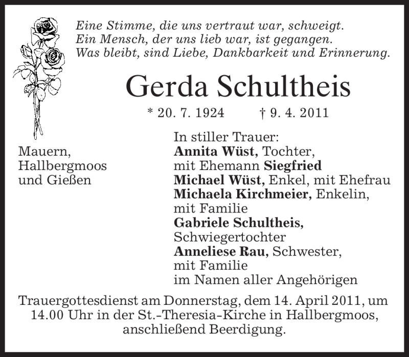  Traueranzeige für Gerda Schultheis vom 12.04.2011 aus MERKUR & TZ