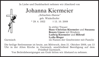 Traueranzeige von Johanna Kiermeier von MERKUR & TZ