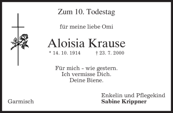 Traueranzeige von Aloisia Krause von MERKUR & TZ