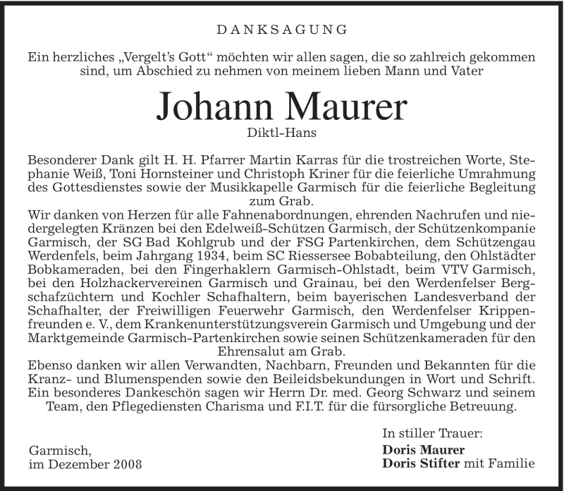  Traueranzeige für Johann Maurer vom 20.12.2008 aus MERKUR & TZ