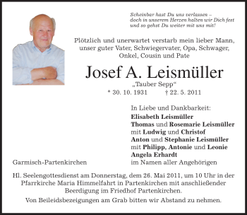 Traueranzeige von Josef A. Leismüller von MERKUR & TZ