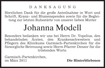 Traueranzeige von Johanna Modell von MERKUR & TZ