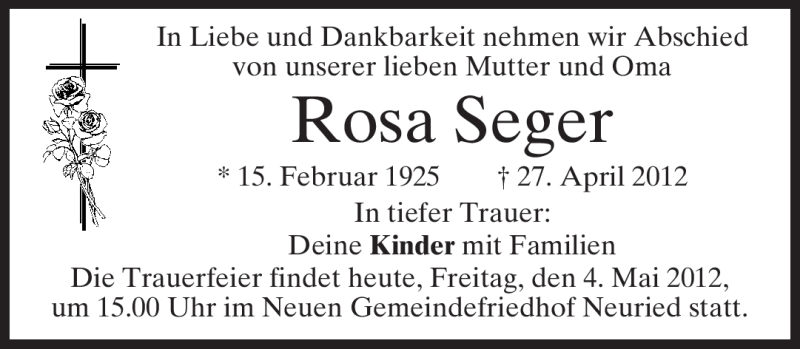  Traueranzeige für Rosa Seger vom 04.05.2012 aus MERKUR & TZ