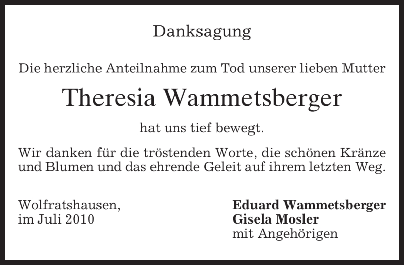  Traueranzeige für Theresia Wammetsberger vom 24.07.2010 aus MERKUR & TZ