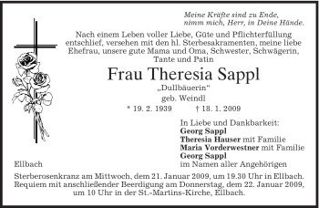 Traueranzeige von Theresia Sappl von MERKUR & TZ