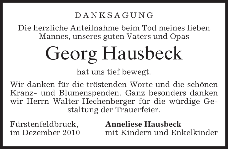  Traueranzeige für Georg Hausbeck vom 24.12.2010 aus MERKUR & TZ