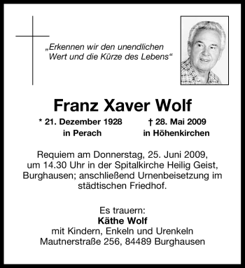 Traueranzeige von Franz Xaver Wolf von MERKUR & TZ