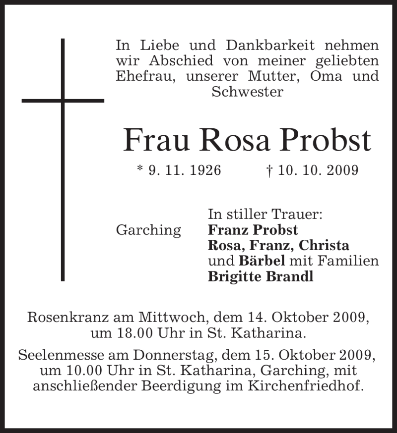 Traueranzeigen von Rosa Probst | trauer.merkur.de
