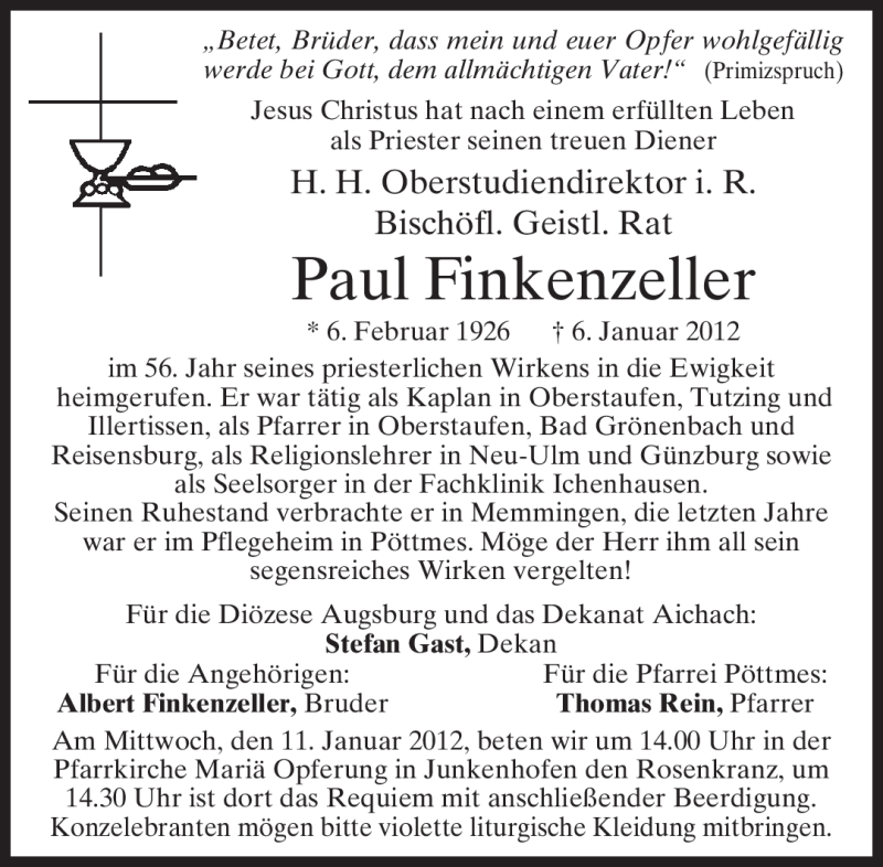  Traueranzeige für Paul Finkenzeller vom 09.01.2012 aus MERKUR & TZ