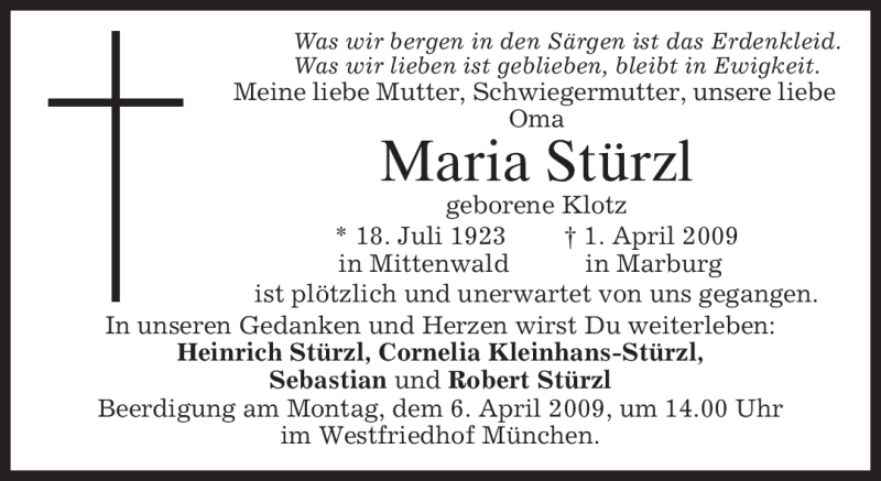  Traueranzeige für Maria Stürzl vom 04.04.2009 aus MERKUR & TZ