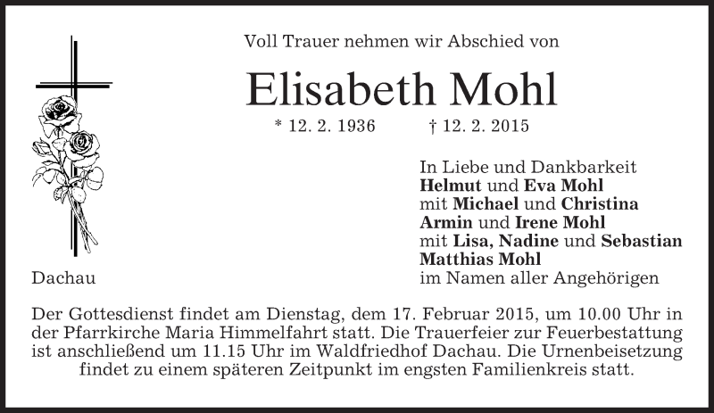  Traueranzeige für Elisabetzh Mohl vom 14.02.2015 aus merkurtz