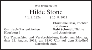 Traueranzeige von Hilde Stone von MERKUR & TZ