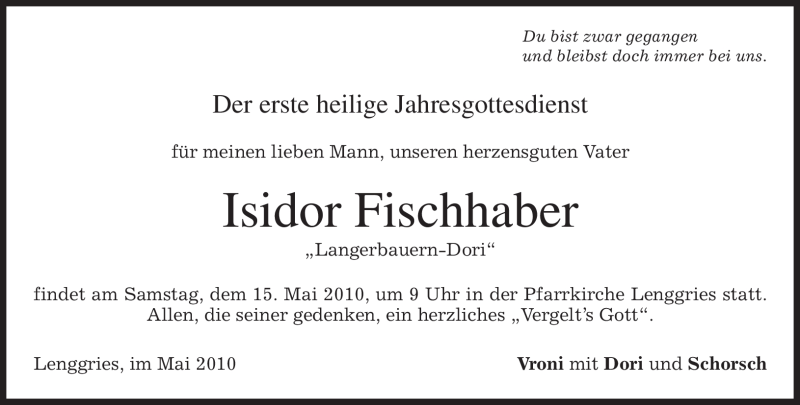  Traueranzeige für Isidor Fischhaber vom 12.05.2010 aus MERKUR & TZ