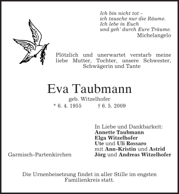 Traueranzeige von Eva Taubmann von MERKUR & TZ