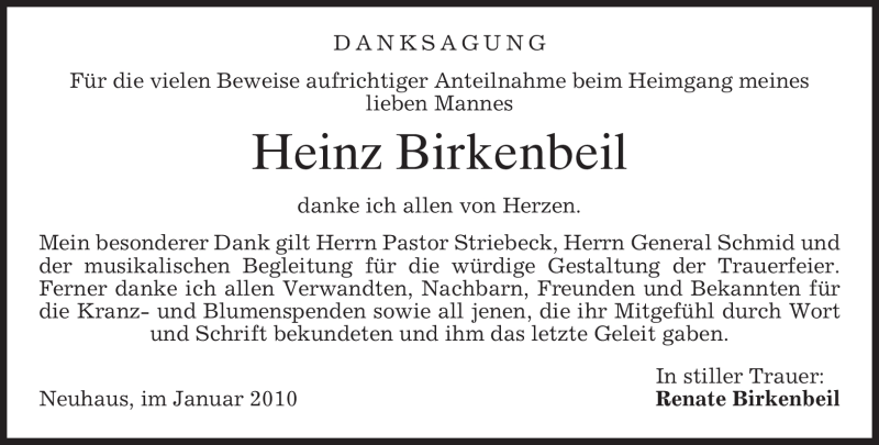  Traueranzeige für Heinz Birkenbeil vom 16.01.2010 aus MERKUR & TZ