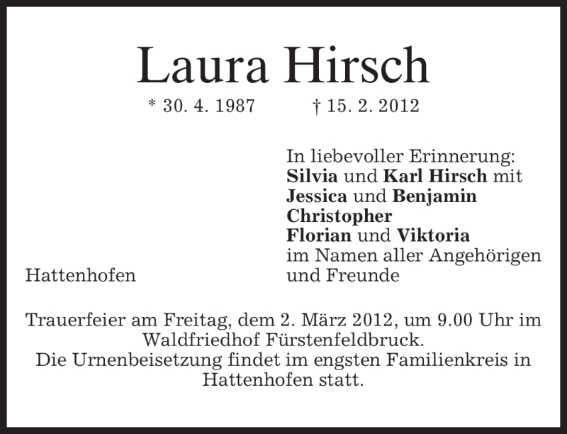  Traueranzeige für Laura Hirsch vom 28.02.2012 aus MERKUR & TZ