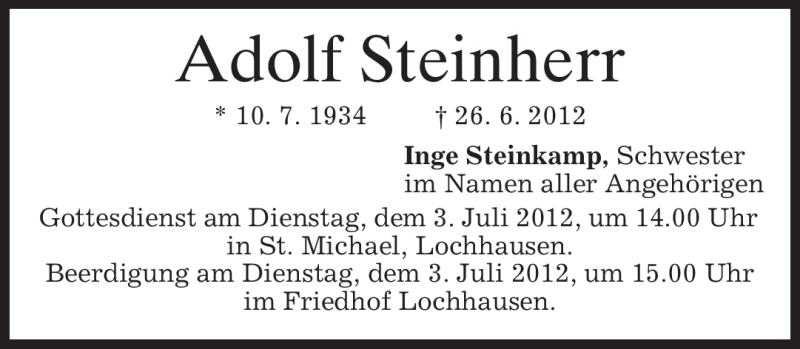  Traueranzeige für Adolf Steinherr vom 30.06.2012 aus MERKUR & TZ