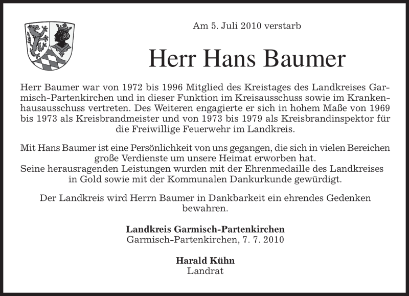  Traueranzeige für Hans Baumer vom 08.07.2010 aus MERKUR & TZ