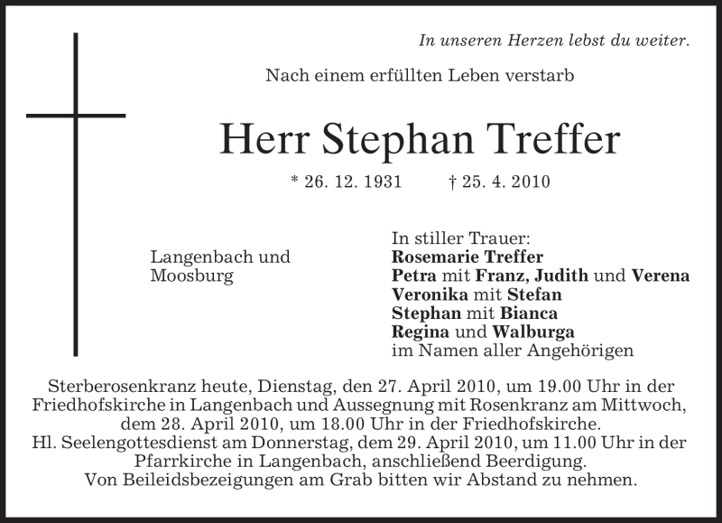  Traueranzeige für Stephan Treffer vom 27.04.2010 aus MERKUR & TZ
