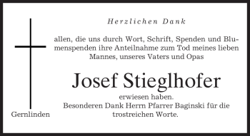 Traueranzeige von Josef Stieglhofer von MERKUR & TZ