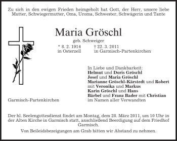 Traueranzeige von Maria Gröschl von MERKUR & TZ