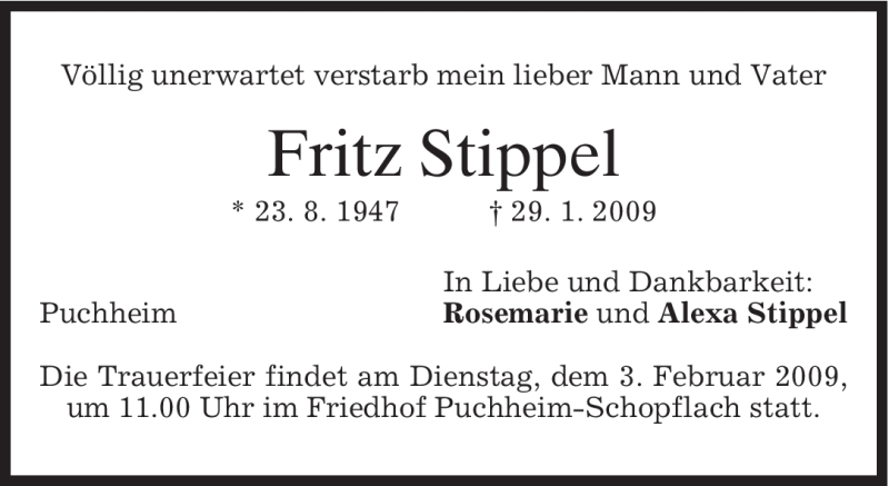  Traueranzeige für Fritz Stippel vom 31.01.2009 aus MERKUR & TZ