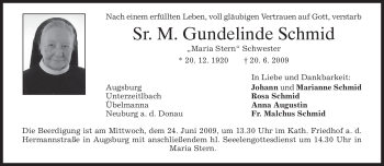 Traueranzeige von Sr. M. Gundelinde Schmid von MERKUR & TZ