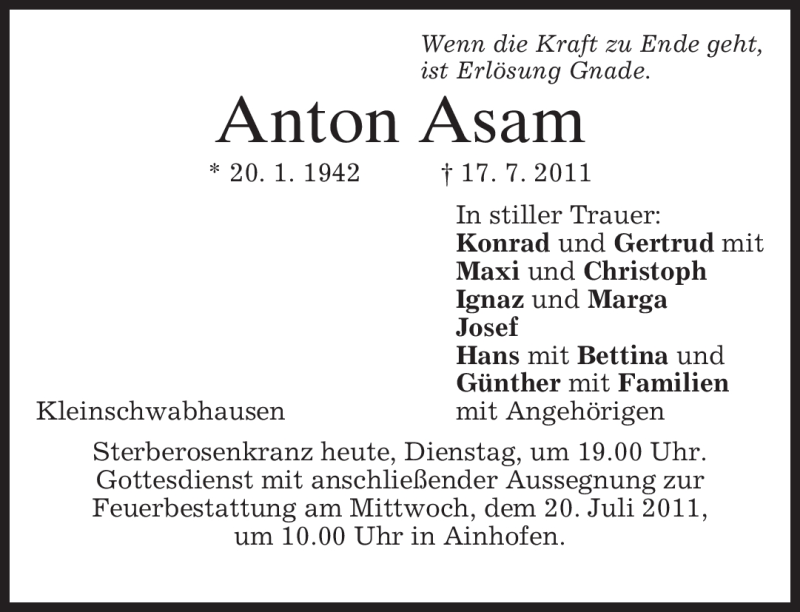  Traueranzeige für Anton Asam vom 19.07.2011 aus MERKUR & TZ
