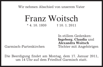 Traueranzeige von Franz Woitsch von MERKUR & TZ