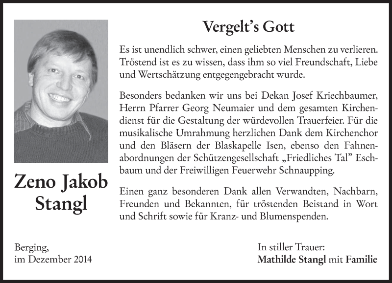  Traueranzeige für Zeno Jakob Stangl vom 31.12.2014 aus merkurtz