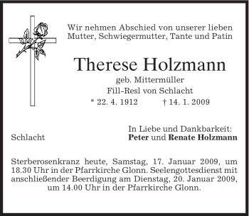 Traueranzeige von Therese Holzmann von MERKUR & TZ