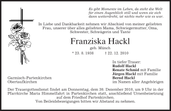 Traueranzeige von Franziska Hackl von MERKUR & TZ