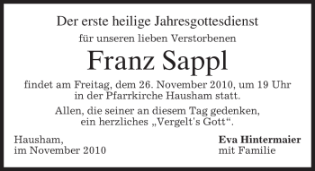 Traueranzeige von Franz Sappl von MERKUR & TZ