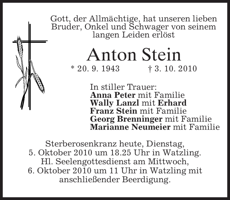  Traueranzeige für Anton Stein vom 05.10.2010 aus MERKUR & TZ