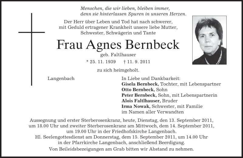  Traueranzeige für Agnes Bernbeck vom 13.09.2011 aus MERKUR & TZ