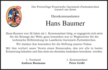 Traueranzeige von Hans Baumer von MERKUR & TZ