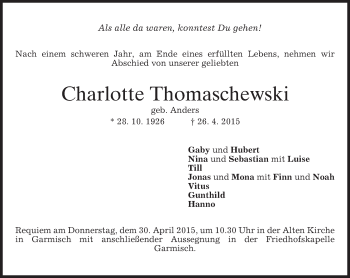 Traueranzeige von Charlotte Thomaschewski von merkurtz