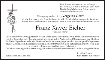 Traueranzeige von Franz Xaver Eicher von MERKUR & TZ