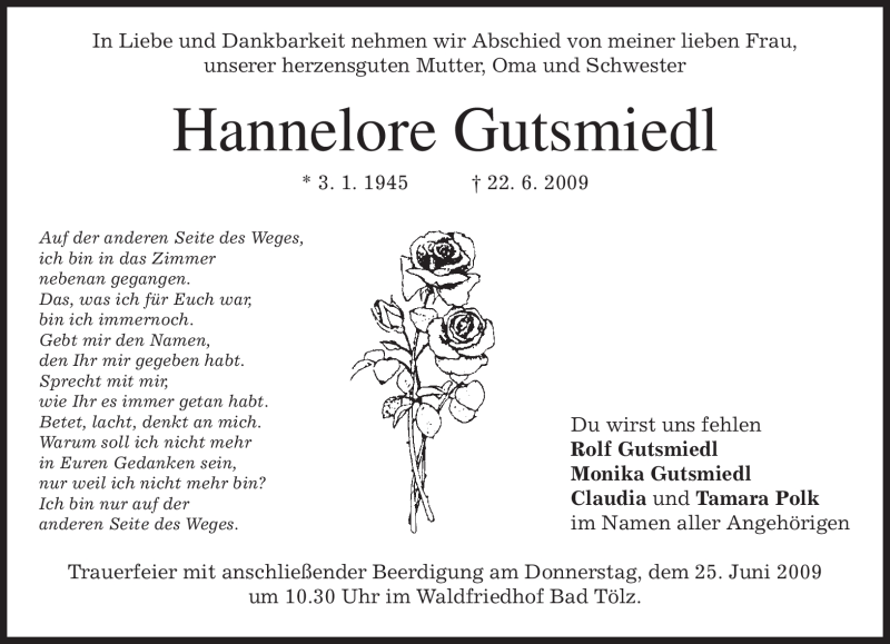  Traueranzeige für Hannelore Gutsmiedl vom 23.06.2009 aus MERKUR & TZ
