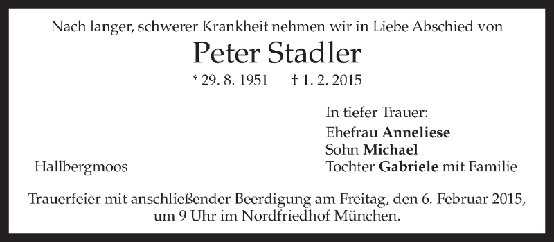  Traueranzeige für Peter Stadler vom 04.02.2015 aus merkurtz