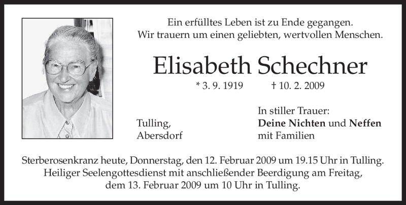  Traueranzeige für Elisabeth Schechner vom 12.02.2009 aus MERKUR & TZ