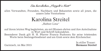 Traueranzeige von Karolina Streitel von merkurtz