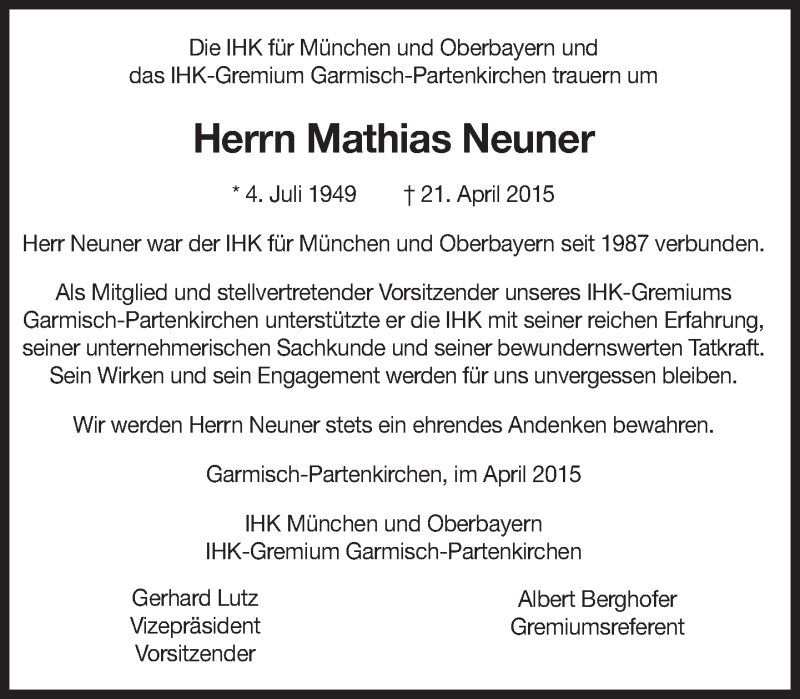  Traueranzeige für Mathias Neuner vom 28.04.2015 aus merkurtz