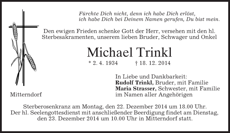 Traueranzeigen von Michael Trinkl | trauer.merkur.de