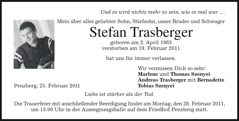  Traueranzeige für Stefan Trasberger vom 25.02.2011 aus MERKUR & TZ